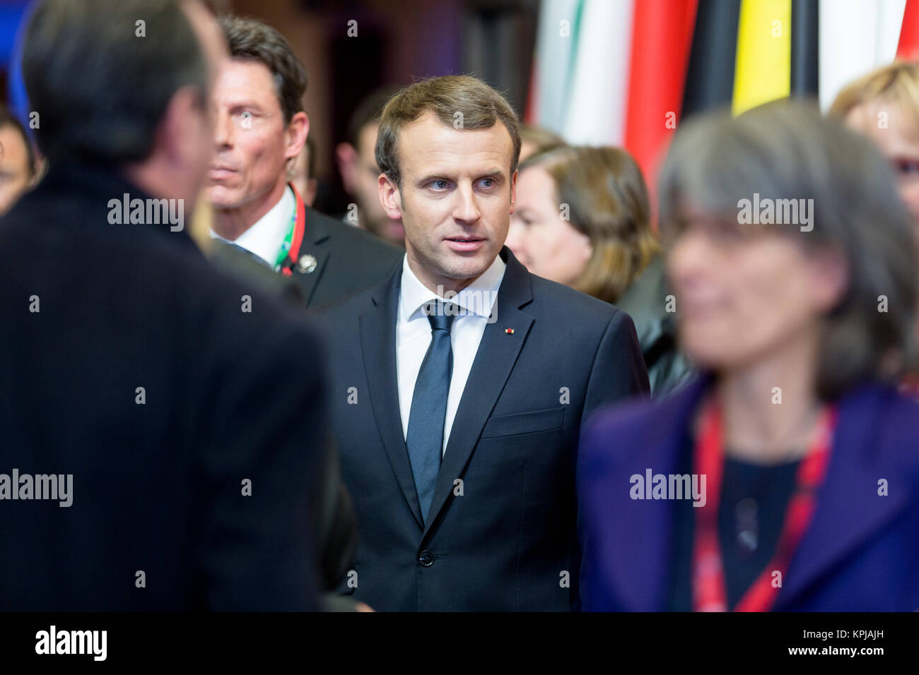 Bruxelles, Belgium. 15th Dec, 2017. December 15, 2017 - Brussels, Belgium: German Chancellor (Unseen) and French President Emmanuel Macron address a media conference at an EU summit. Credit: Andia/Alamy Live News Stock Photo