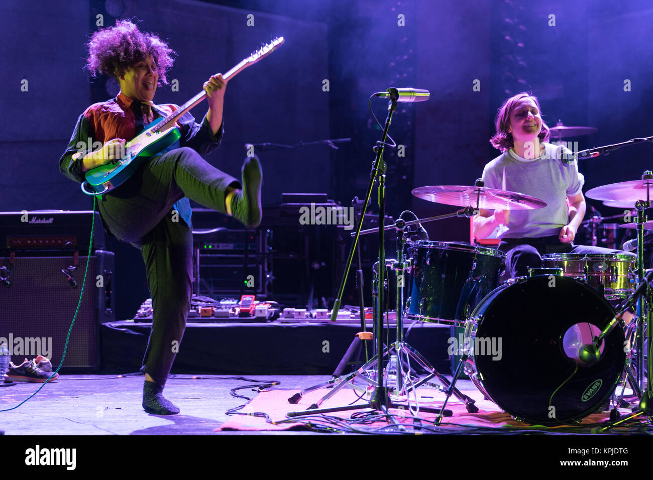London, UK. 15th Dec, 2017. Rachel Aggs (left) and Eilidh Rodgers of Sacred Paws performing live on stage (supporting Mogwai) at Brixton O2 Academy in London. Photo date: Friday, December 15, 2017. Credit: Roger Garfield/Alamy Live News Stock Photo