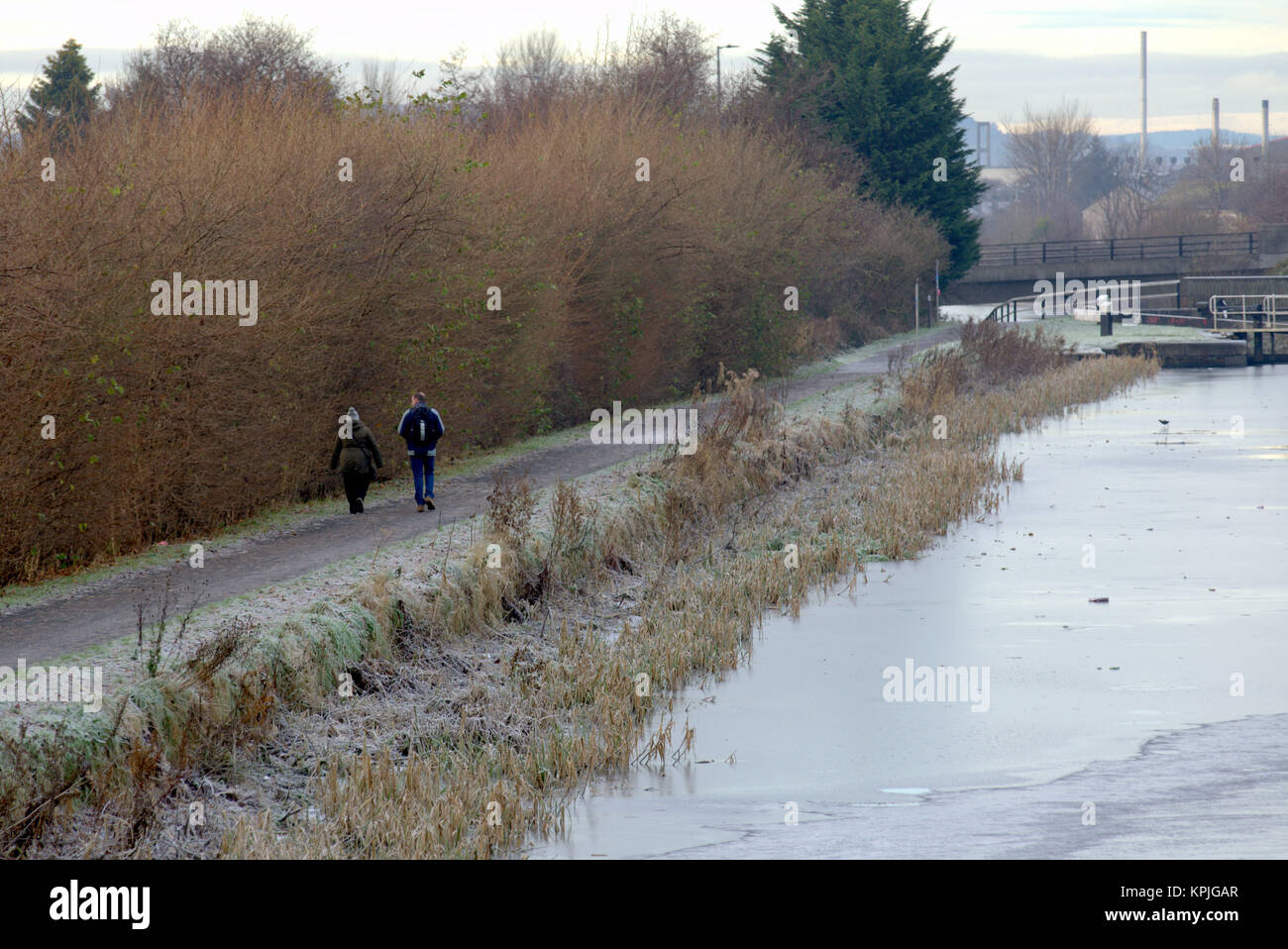 Glasgow, Scotland, UK 16th December. UK Weather: Freezing overnight temperatures cause the forth and Clyde canal to freeze over in parts. Credit: gerard ferry/Alamy Live News Stock Photo