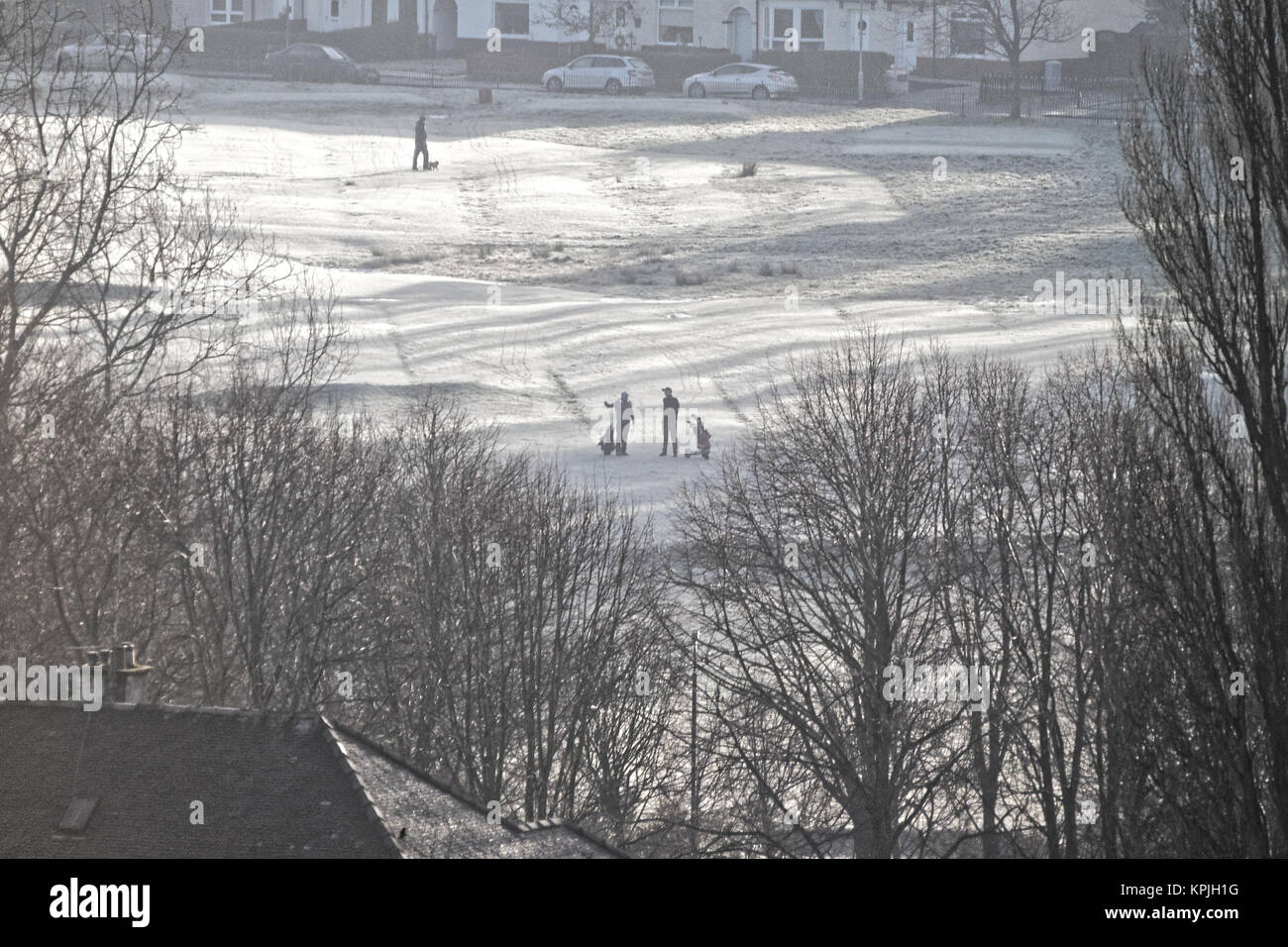 Glasgow, Scotland, UK  16th December. UK Weather: Freezing overnight temperatures and the greens of knightswood golf course turn white. Credit Gerard Ferry/Alamy news Stock Photo