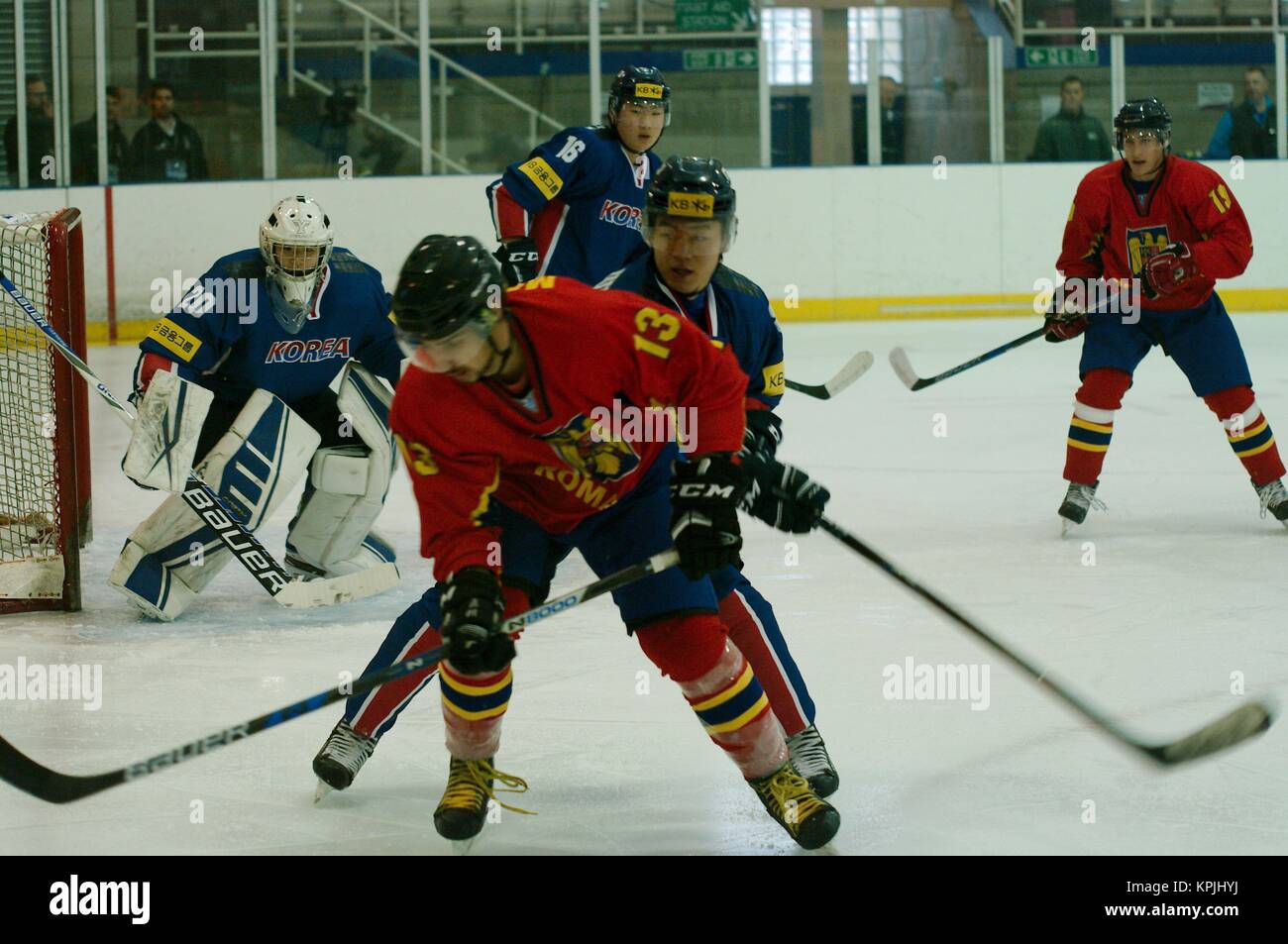 Dumfries, Scotland, 16 December 2017. Rajmund Marton, number 13, playing for Romania against Korea in the 2018 IIHF Ice Hockey U20 World Championship Division II, Group A, match at Dumfries. Credit: Colin Edwards/Alamy Live News. Stock Photo