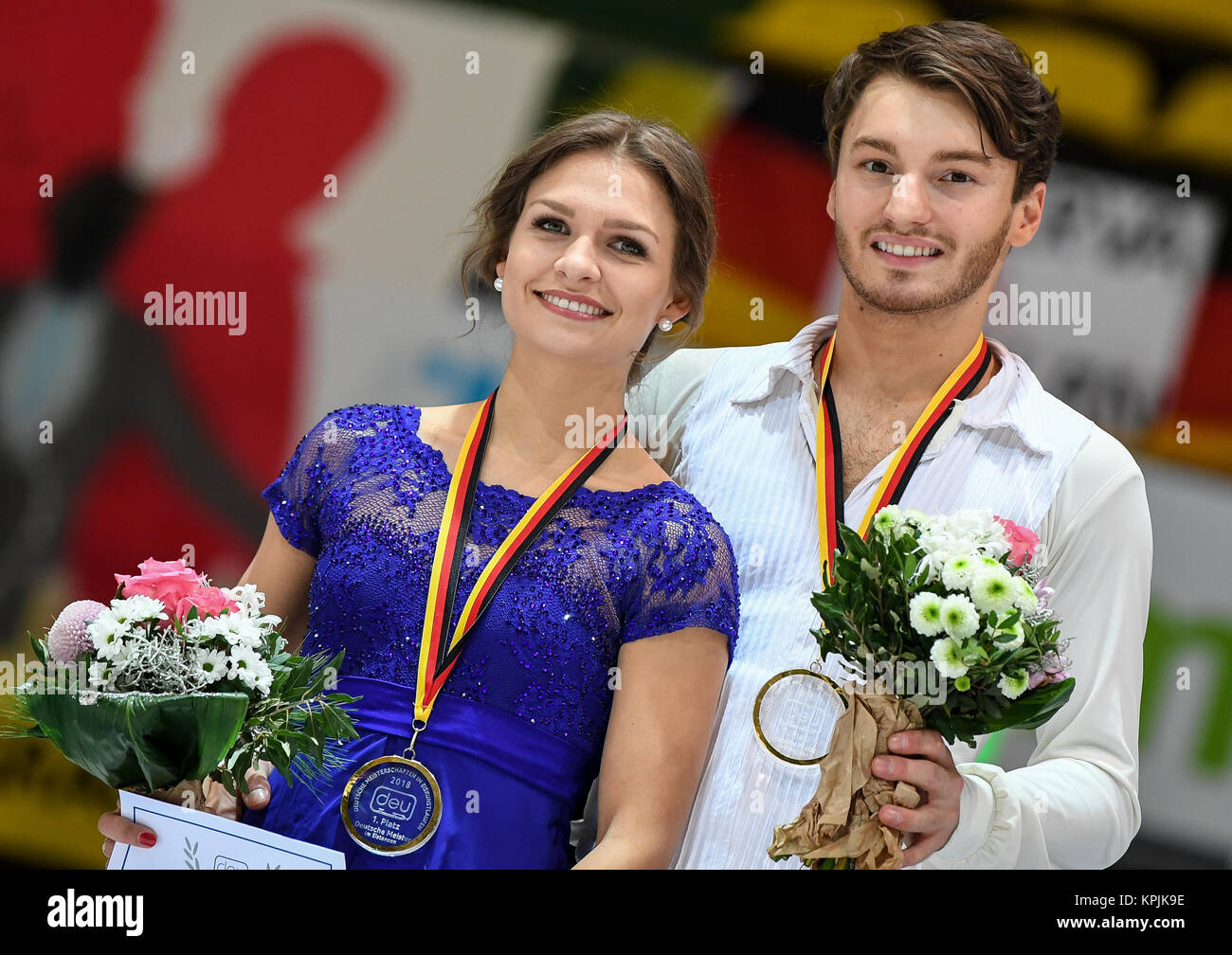 The new German figure skating ice dance champions Kavita Lorenz and Panagiotis Polizoakis during the award ceremony of the German Figure Skating Championships taking place in the Eissporthalle in Frankfurt am Main, Germany, 16 December 2017. Photo: Fabian Sommer/dpa Stock Photo
