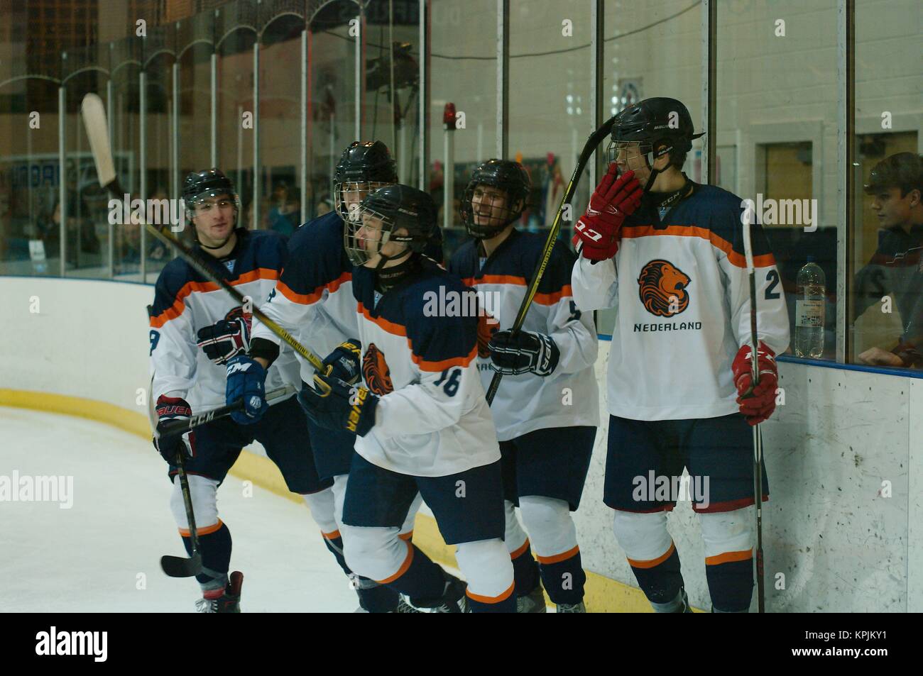 Dumfries, Scotland, 16 December 2017. L to R Levi Smeets, Bob Gerretsen, Wouter Sars, goal scorer, Jorn van Soest and Ties van Soest of Netherlands celebrating after scoring against Estonia in their 2018 IIHF Ice Hockey U20 World Championship Division II, Group A, match at Dumfries. Credit: Colin Edwards/Alamy Live News. Stock Photo