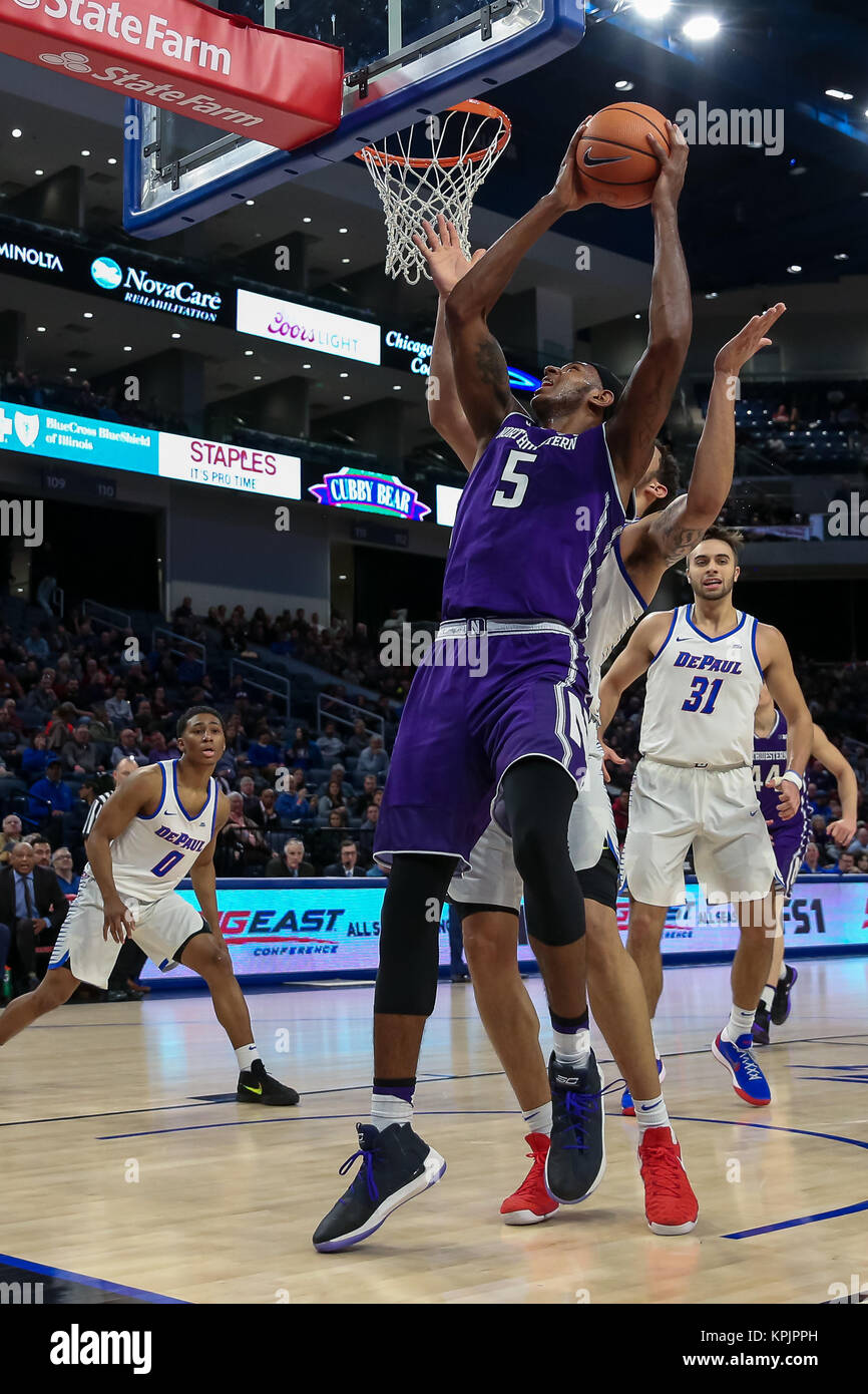 Saturday Dec 16th - Northwestern Wildcats center Dererk Pardon (5) puts up a shot underneath the basket during NCAA Mens basketball game action between the Northwestern Wildcats and the DePaul Blue Demons at the Windtrust Arena in Chicago, IL. Stock Photo