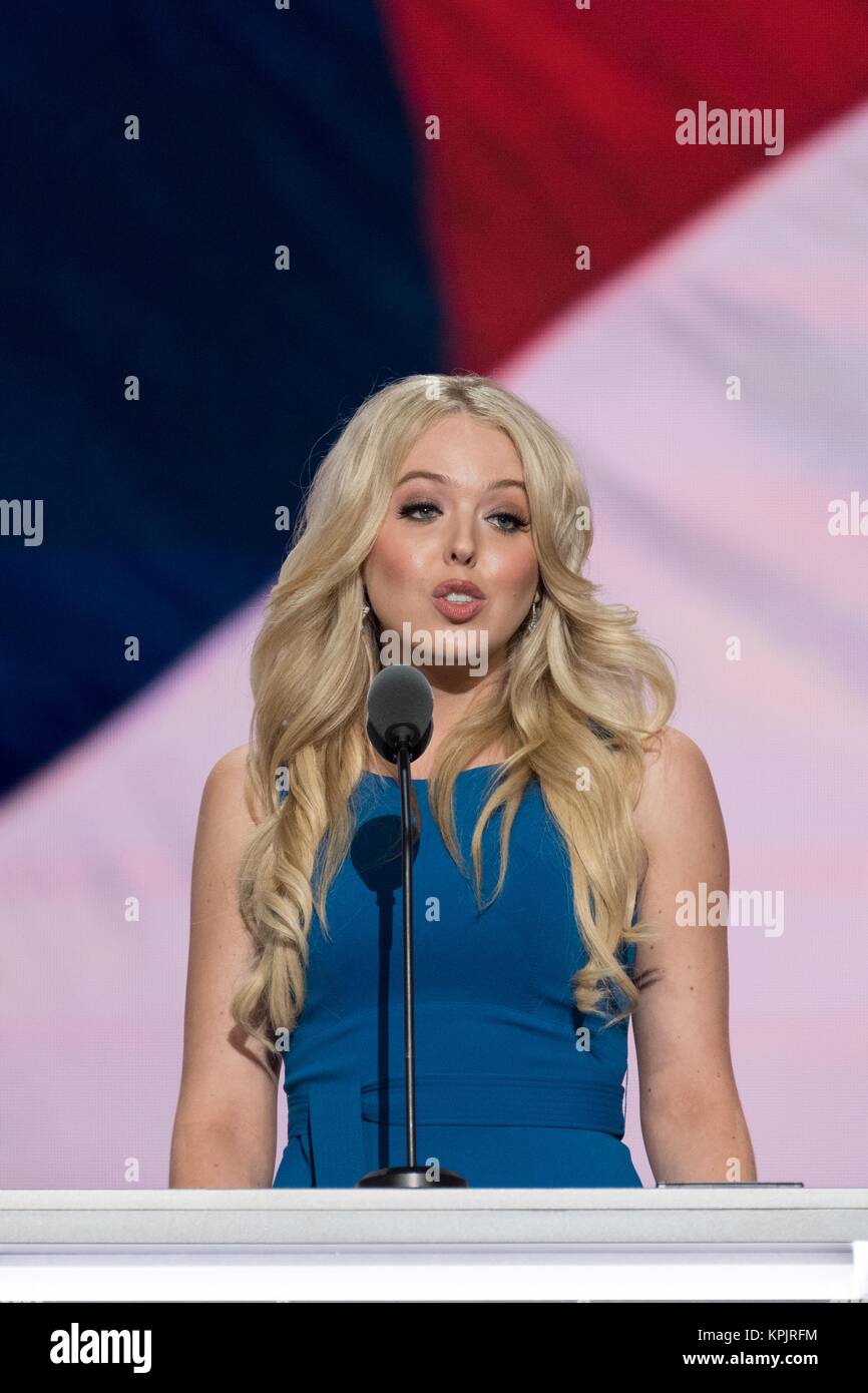Tiffany Trump, daughter of Donald Trump and his second wife Marla Maples addresses the second day of the Republican National Convention July 19, 2016 in Cleveland, Ohio. Earlier in the day the delegates formally nominated Donald J. Trump for president. Stock Photo