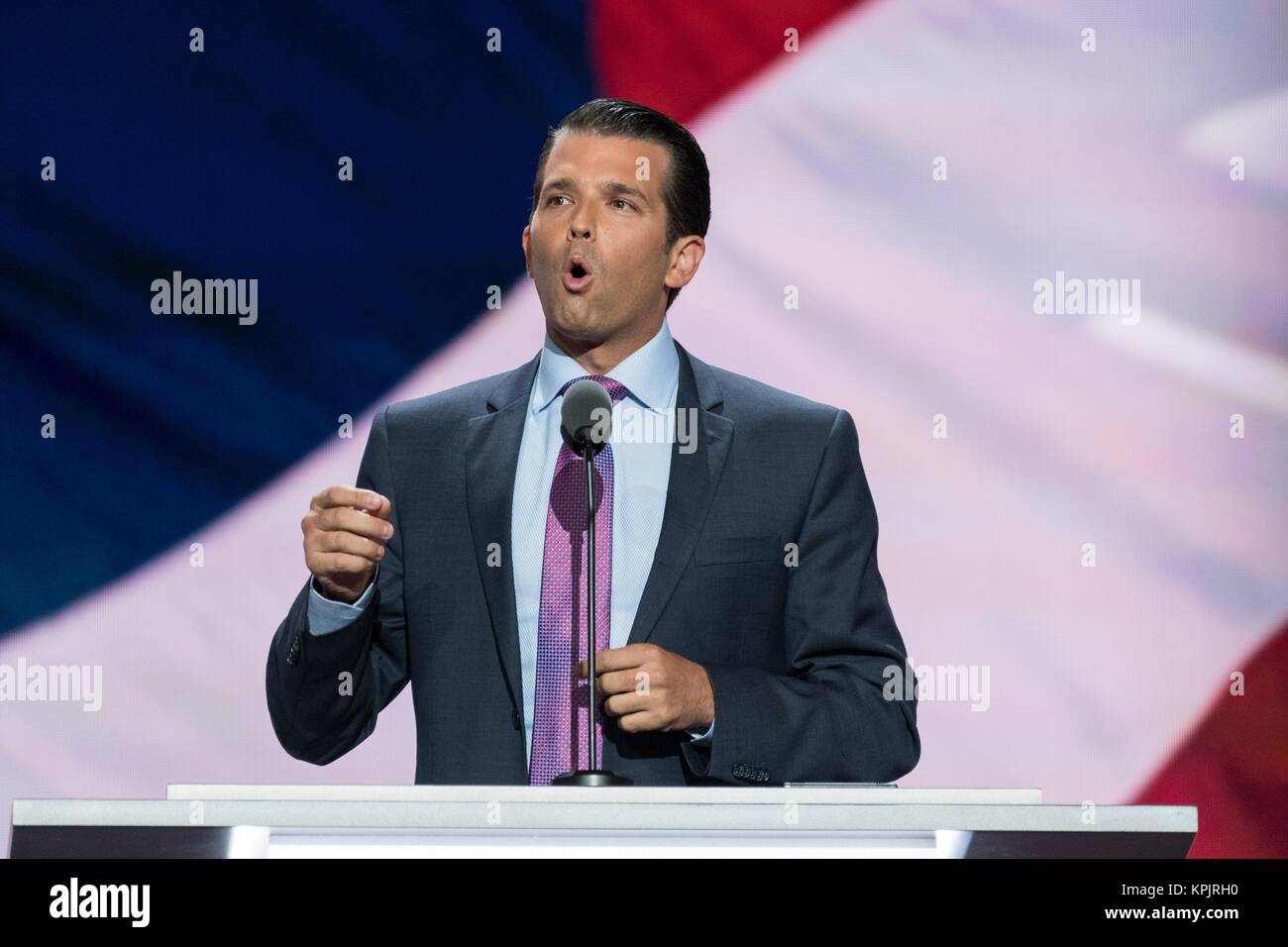 Donald Trump, Jr. son of Donald Trump and his first wife Ivana Trump, addresses delegates on the second day of the Republican National Convention July 19, 2016 in Cleveland, Ohio. Earlier in the day the delegates formally nominated Donald J. Trump for president. Stock Photo