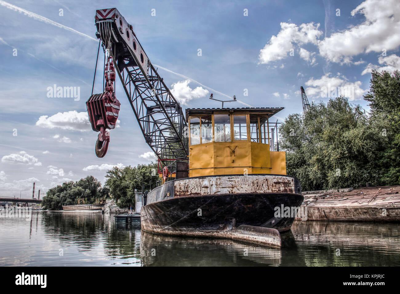 River Sava, Belgrade, Serbia - River barge with a davit crane mounted on the deck Stock Photo