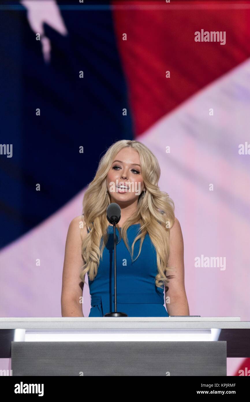 Tiffany Trump, daughter of Donald Trump and his second wife Marla Maples addresses the second day of the Republican National Convention July 19, 2016 in Cleveland, Ohio. Earlier in the day the delegates formally nominated Donald J. Trump for president. Stock Photo