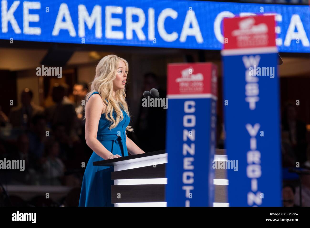 Tiffany Trump, daughter of Donald Trump and his second wife Marla Maples addresses the second day of the Republican National Convention July 19, 2016 in Cleveland, Ohio. Earlier in the day the delegates formally nominated Donald J. Trump for president. Stock Photo