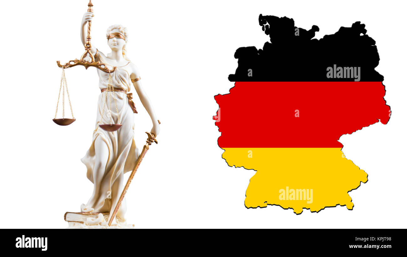 White Justice figure in front of outlines of state Germany Stock Photo