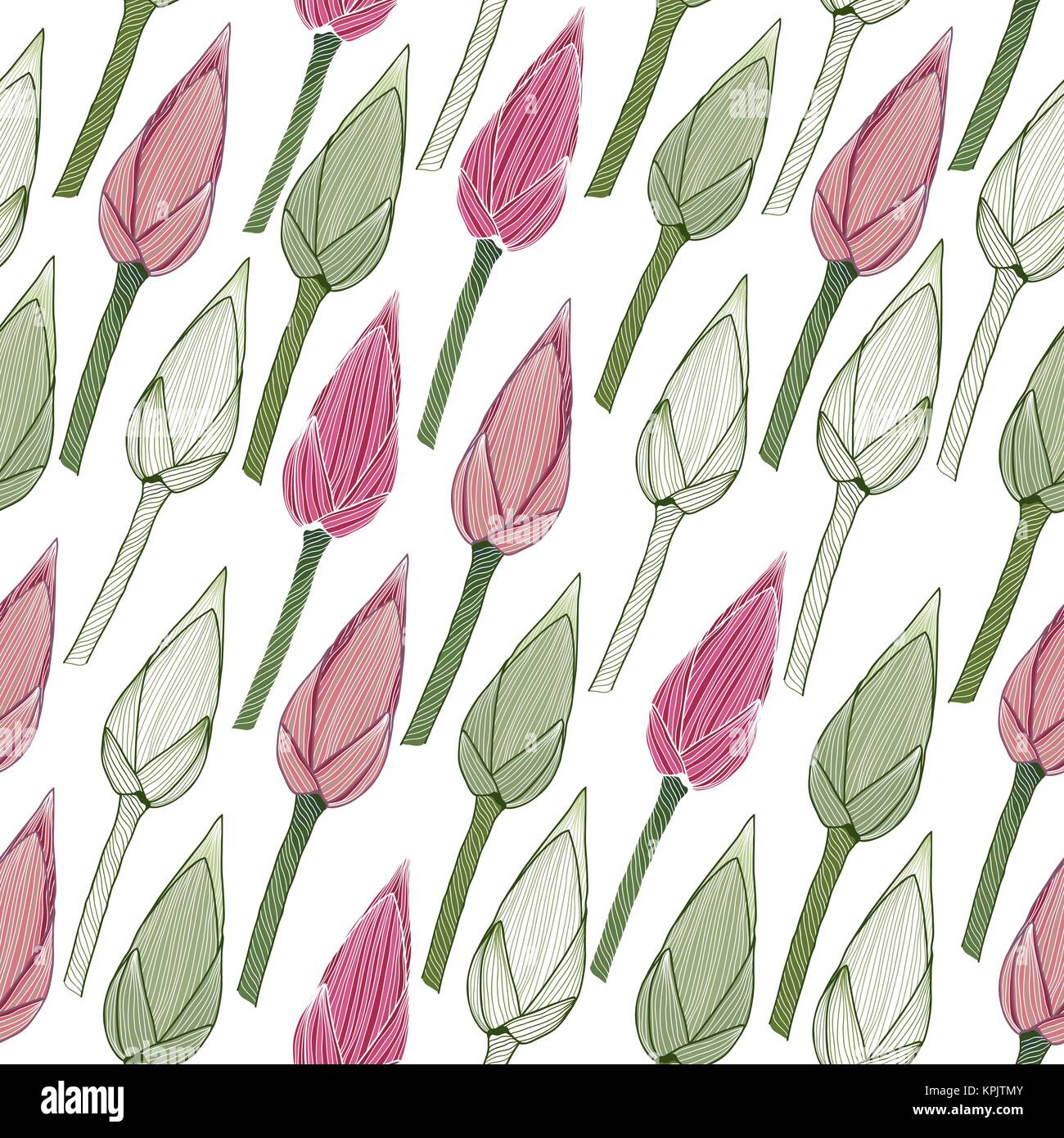 Simple floral pattern. Lotus buds in the spring season. Seamless background. Endless texture. Nature theme. Can be used for wallpaper, pattern fills,  Stock Vector