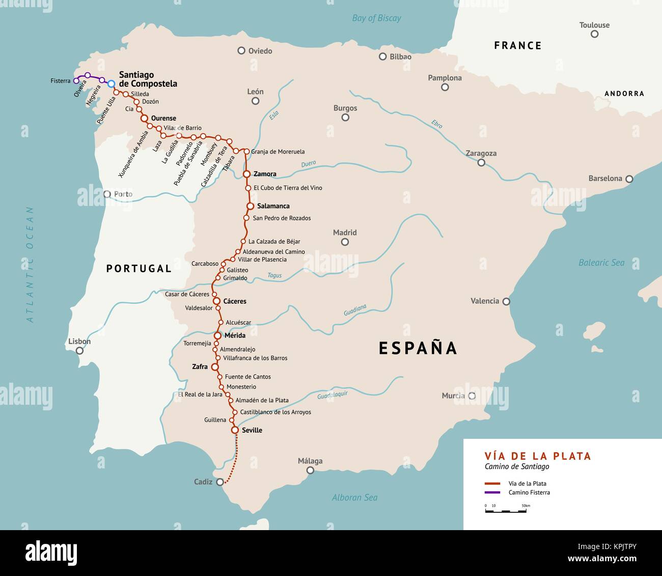 Vía de la Plata map. The Silver route. Camino De Santiago or The Way of St.James in Spain. Ancient pilgrimage path from south of Spain to the Santiago Stock Vector