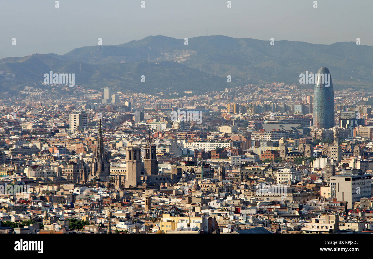 Aerial view of buildings in Barcelona city with the Torre Agbar, Spain. Stock Photo