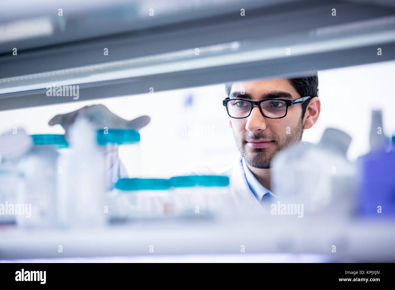 Male laboratory assistant wearing glasses. Stock Photo