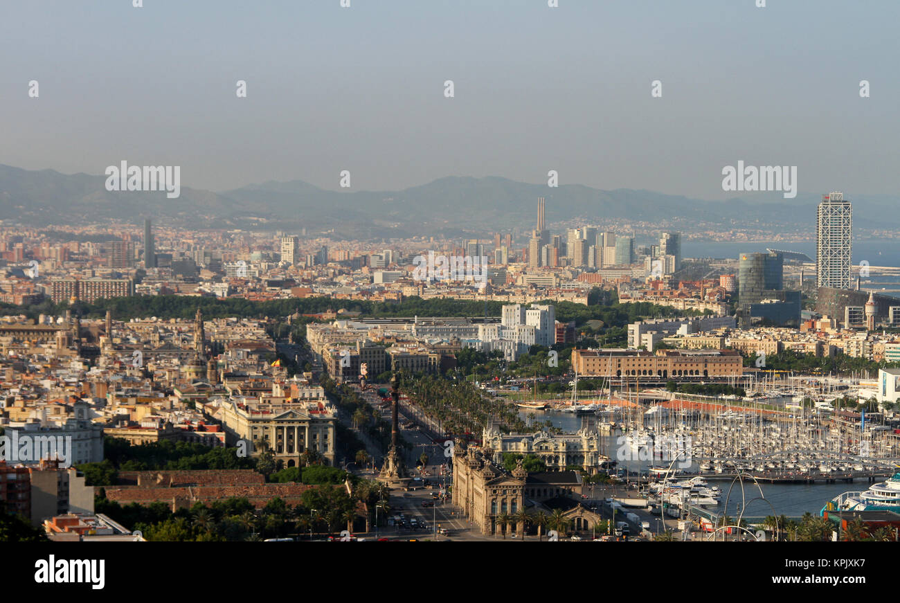 Aerial view of buildings in Barcelona city with the Torre Agbar, Spain. Stock Photo