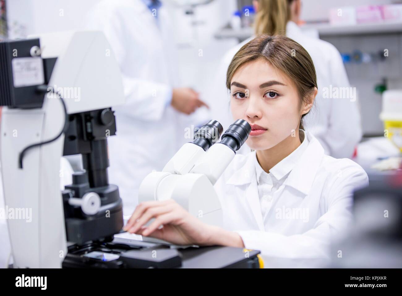 Female scientist using microscope in laboratory. Stock Photo