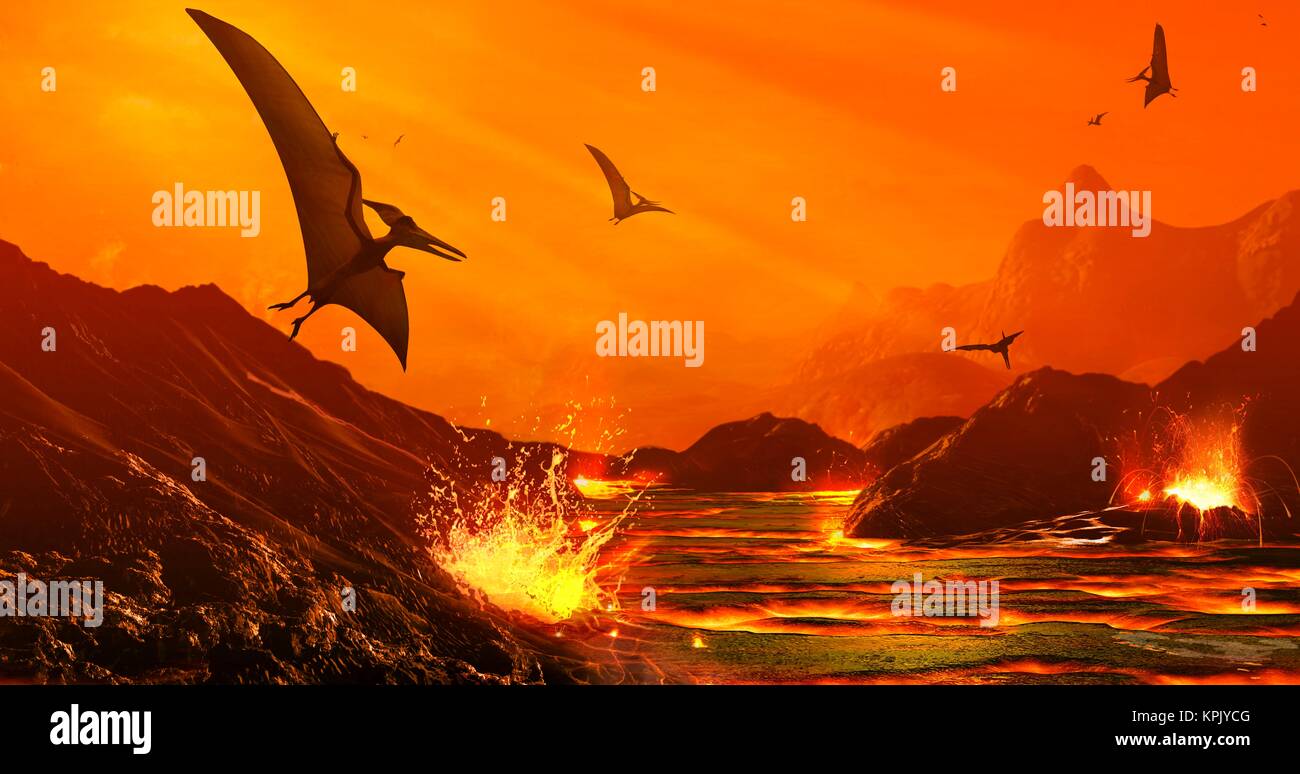 Artwork of pterosaurs flying over a scene of destruction. Some 65 million years ago, the impact of an asteroid or comet with the Earth provoked one of Stock Photo