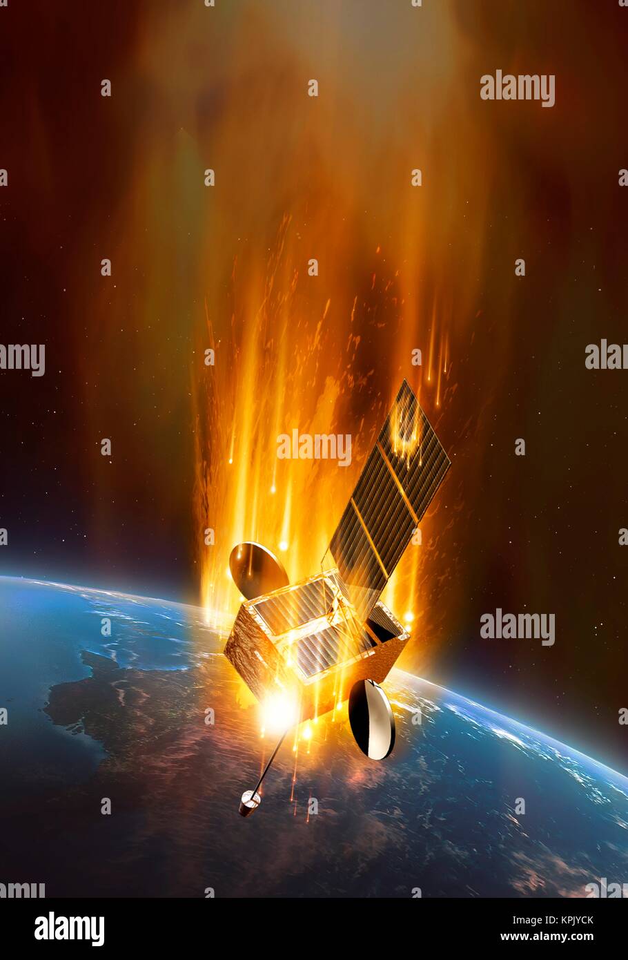 Illustration of a coronal mass ejection impacting the Earth’s atmosphere and destroying an artificial satellite. These events, CMEs for short, are pow Stock Photo
