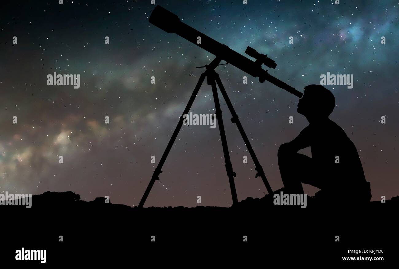 Artwork of a boy looking through a telescope, seen in silhouette against the star clouds of the Milky Way. The boy is using a refracting telescope. Stock Photo