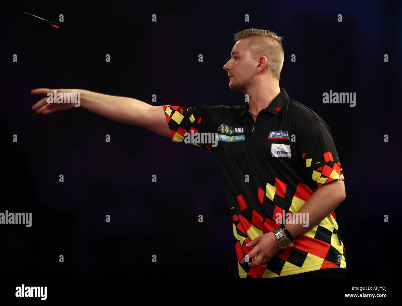 Dimitri Van den Bergh during his match against Stephen Bunting during day two of the William