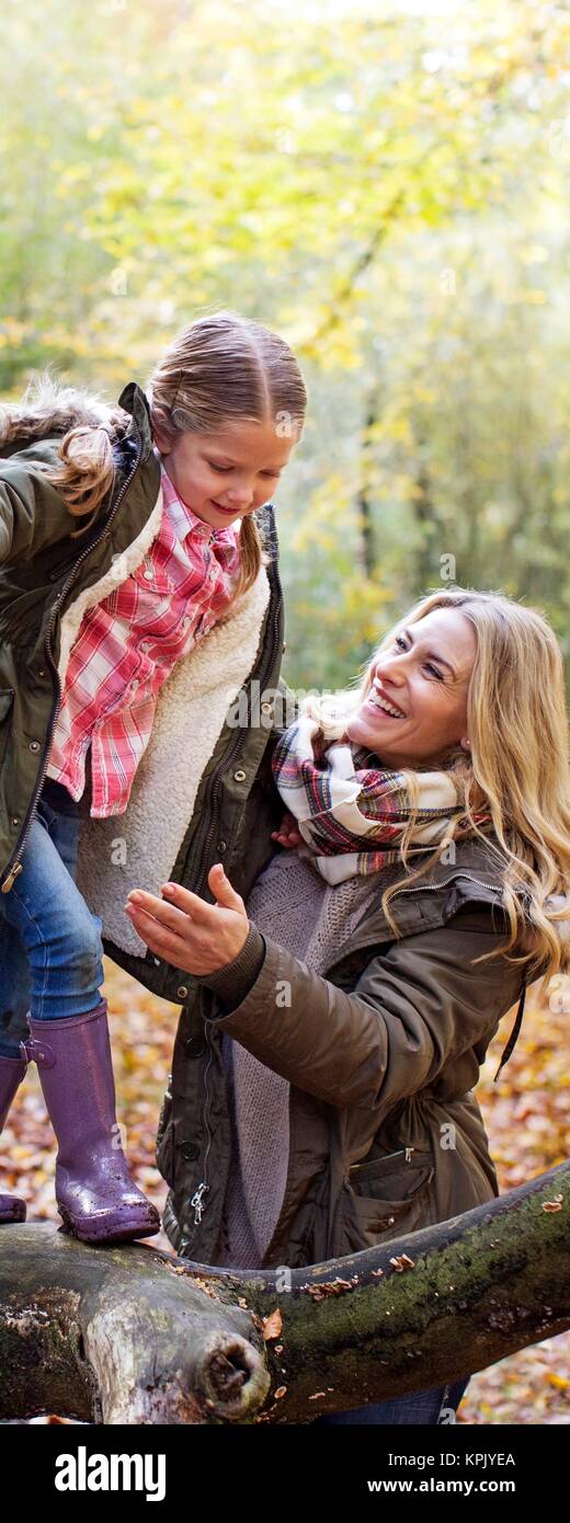 Family playing on a tree in the woods in Autumn Stock Photo - Alamy