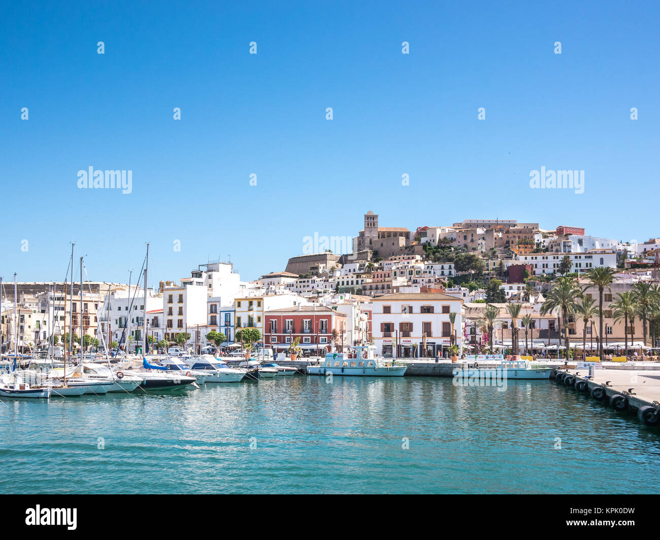 IBIZA, SPAIN - MAY 28, 2015. The distinctive Ibiza architecture reflects a mediterranean style. View of the old Ibiza town. Stock Photo