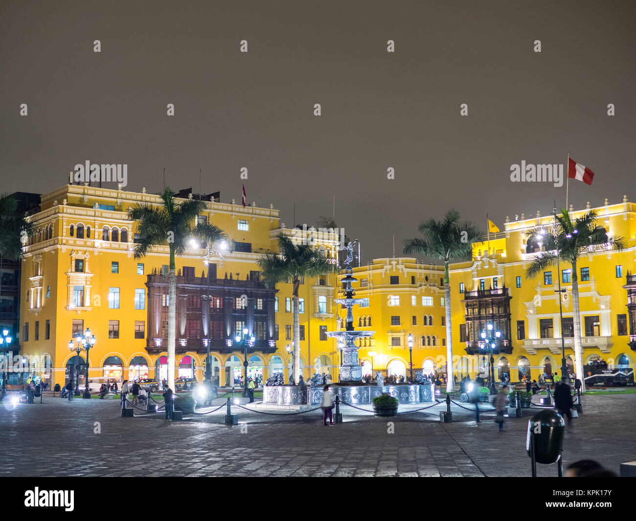 LIMA, PERU - SEPTEMBER 17, 2015. In Lima, in the Plaza de Armas (Main Square) the architecture remains as in the colonial era. Stock Photo