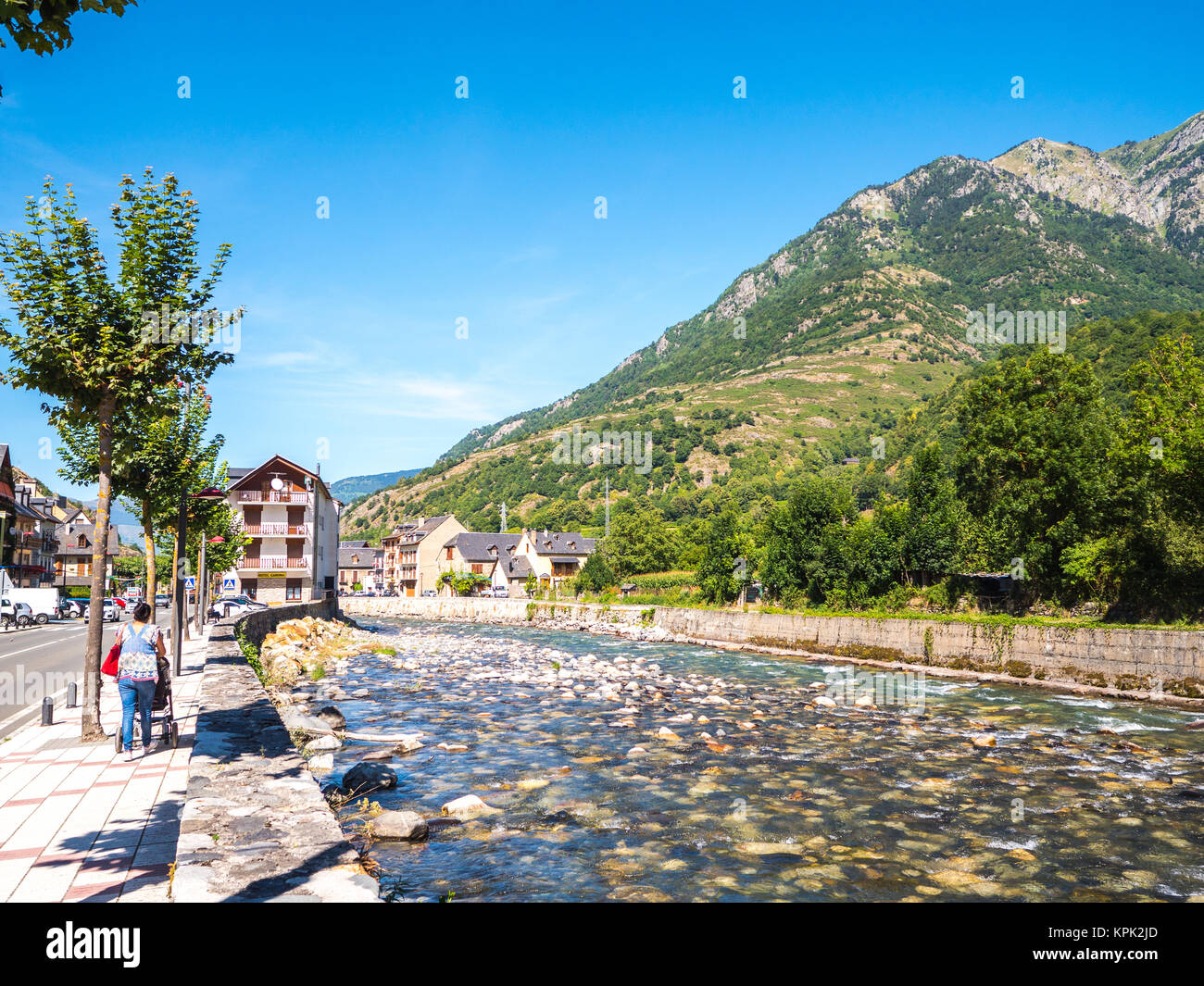 Bossost, Spain - August 12, 2016. Garonne river passing by Bossost village in Lleida, Spain Stock Photo