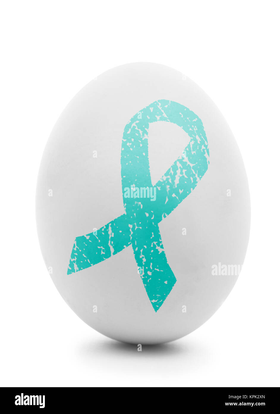 White egg with blue ovarian cancer ribbon isolated Stock Photo