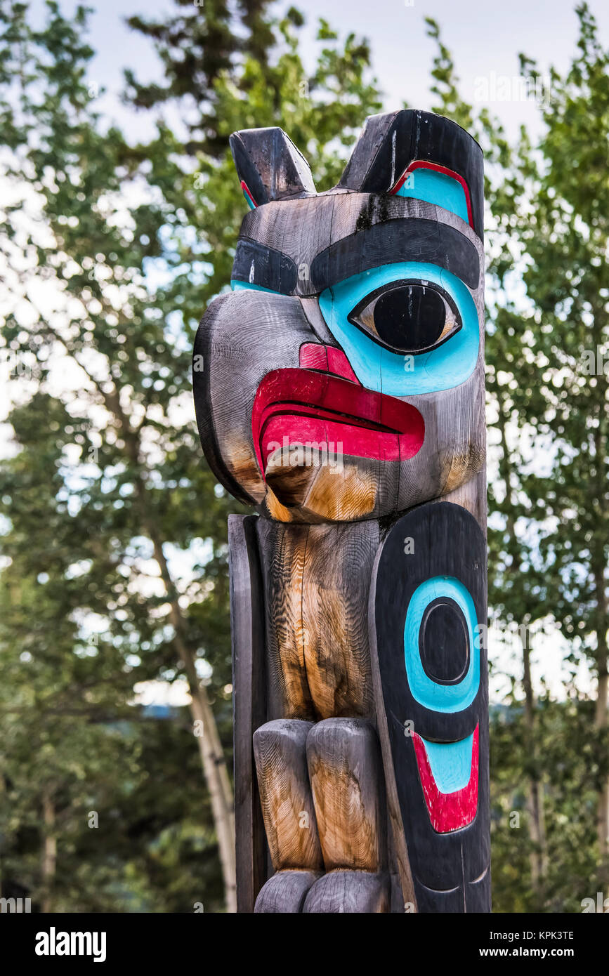 A colourful totem in Teslin Tlingit Heritage Centre; Yukon, Canada Stock Photo