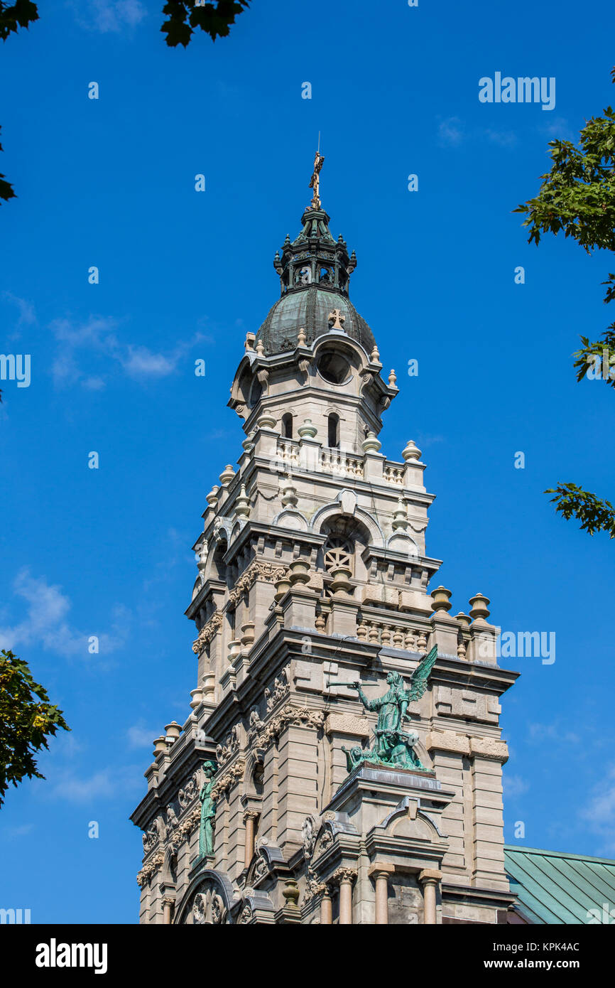 Saint-Enfant-Jesus Church with statues of angels; Montreal, Quebec, Canada Stock Photo