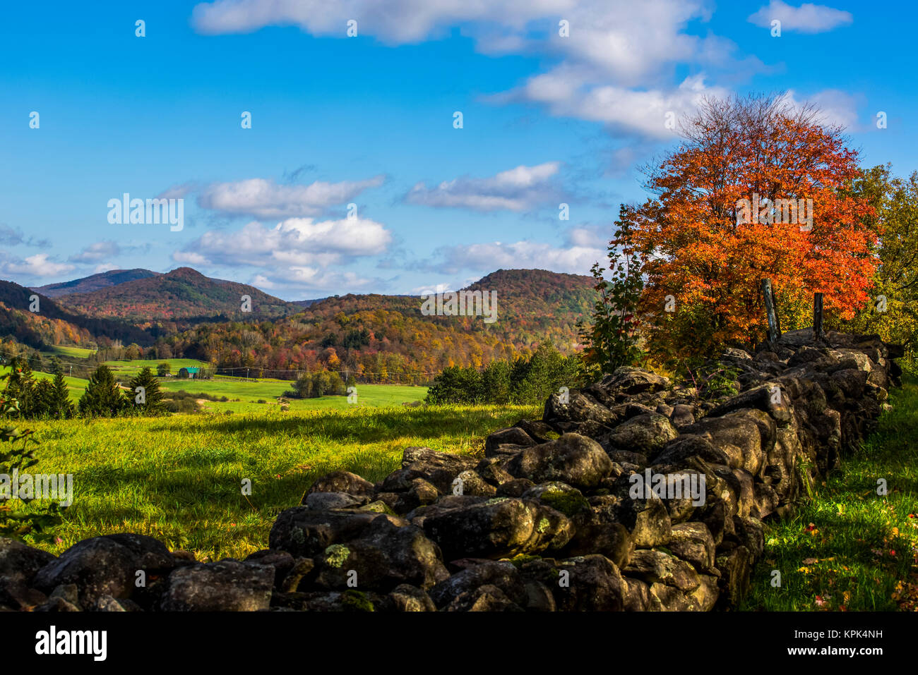 Landscape of autumn coloured forests on the hills and a stone wall