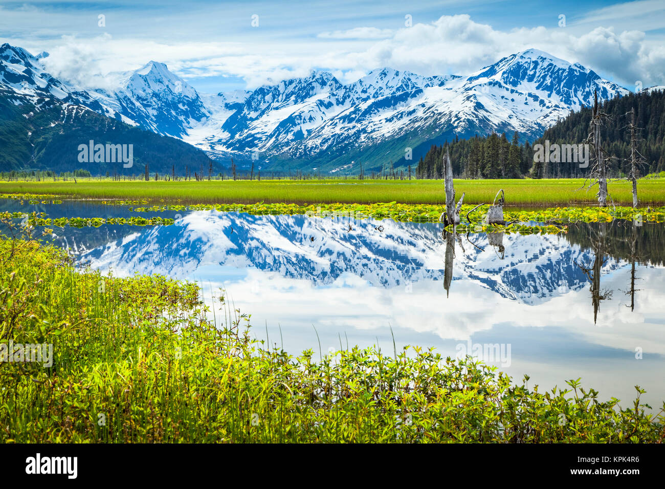 Reflection of Chugach Mountains in a tranquil lake; Alaska, United States of America Stock Photo