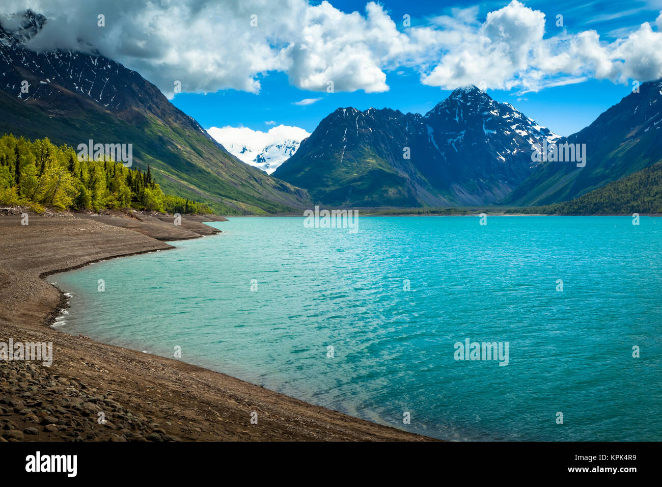 Scenic view of Eklutna Lake, Chugach State Park in summertime, Southcentral Alaska; Alaska