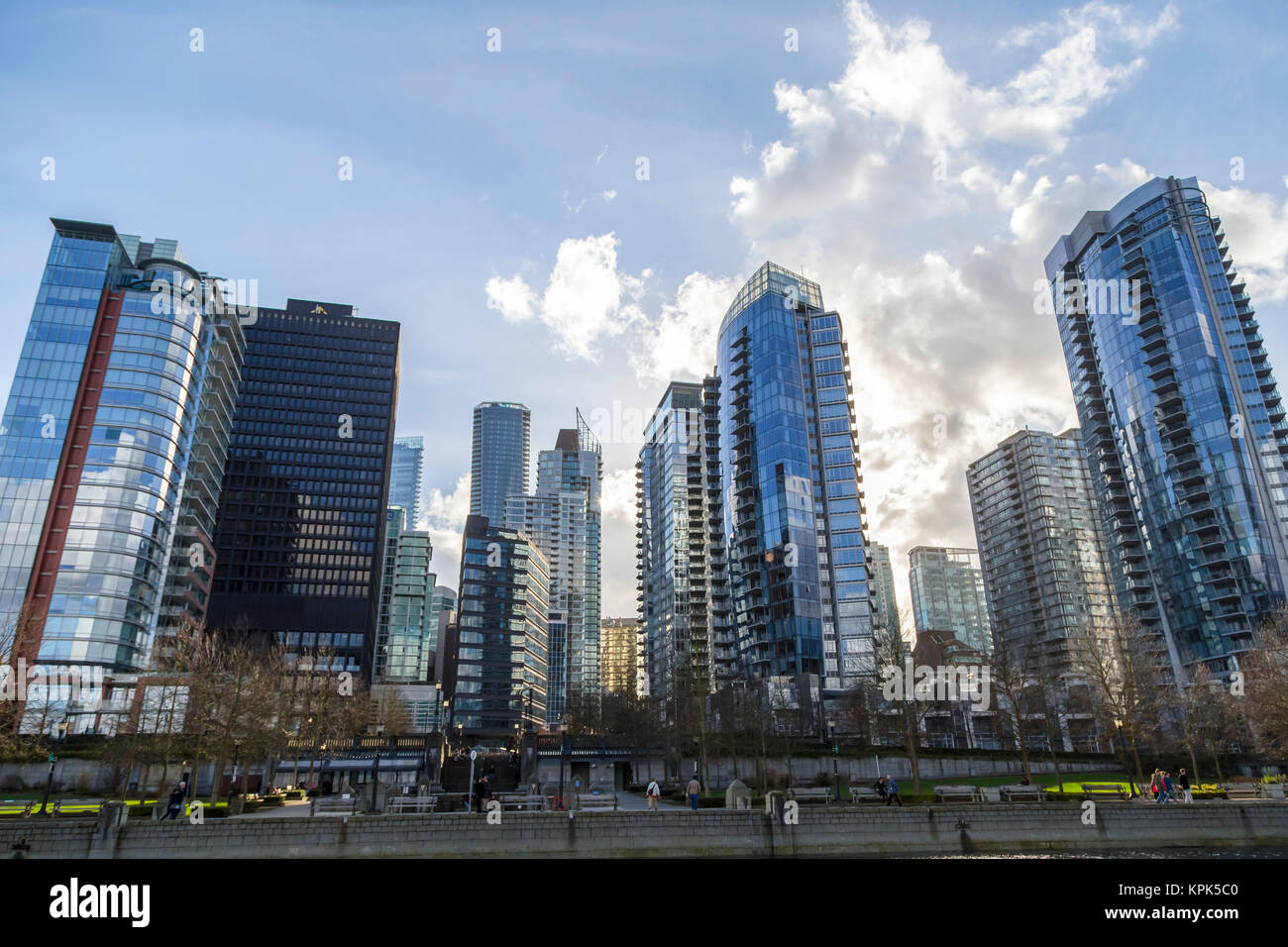Vancouver city skyline from the coal harbour waterfront, looking up