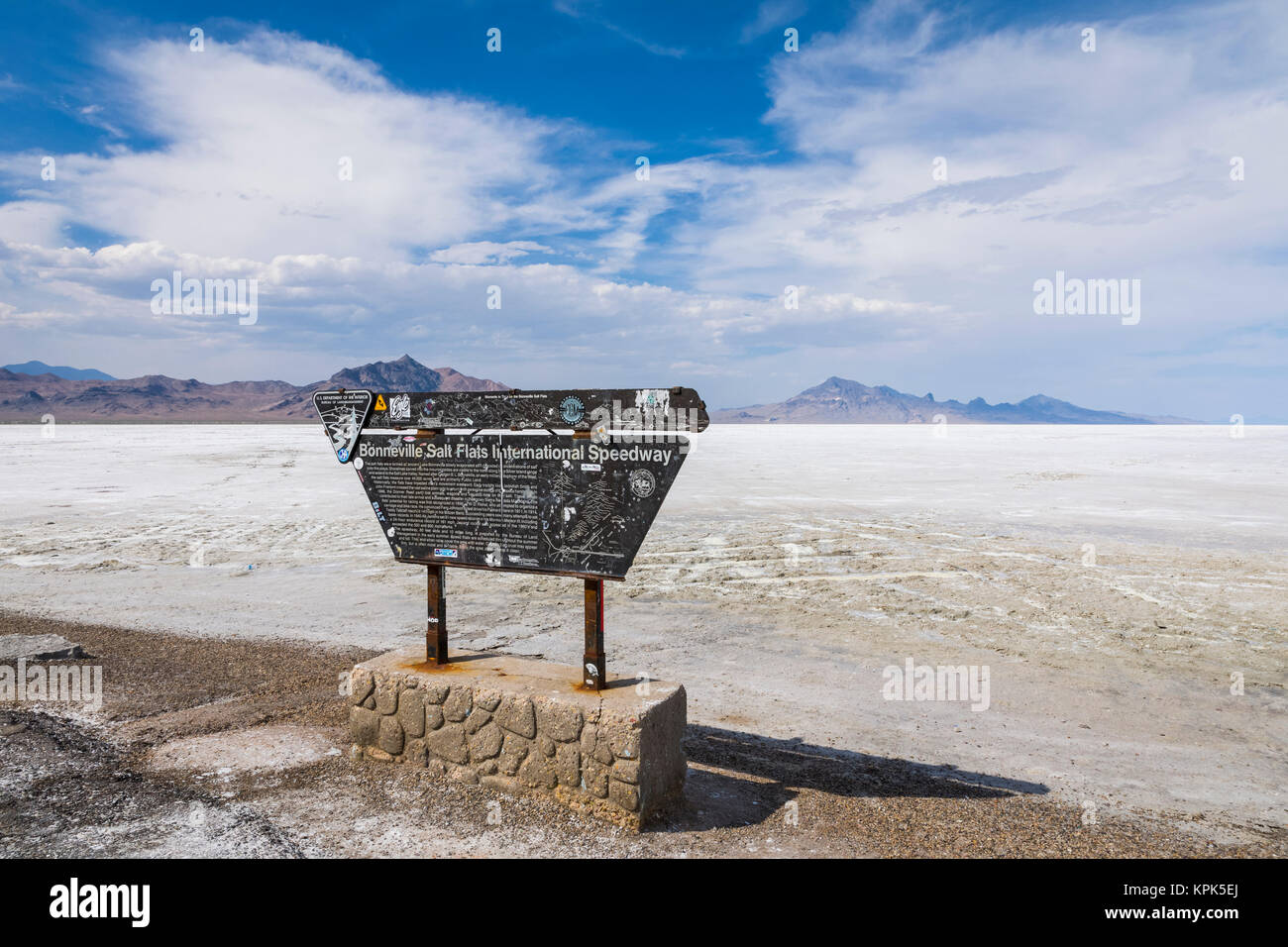 Entrance area and sign onto Bonneville Salt Flats in Tooele County near Wendover, Utah on public land managed by Bureau of Land Management Stock Photo