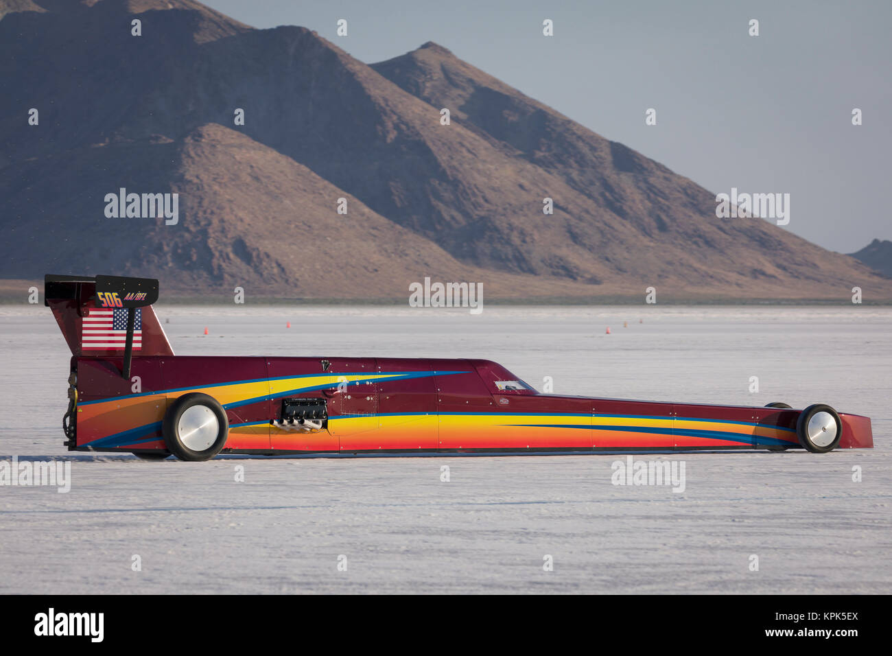 Blown Fuel Lakester AA/BFL at speeed on Bonneville Salt Flats during Bonneville Speed Week 2017; Wendover, Utah, United States of America Stock Photo