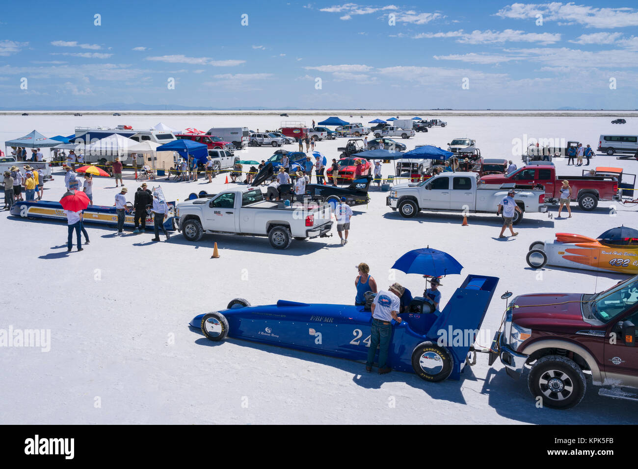 Various car classes stage at starting line on Bonneville Salt Flats for attempted speed records during Bonneville Speed Week 2017 Stock Photo