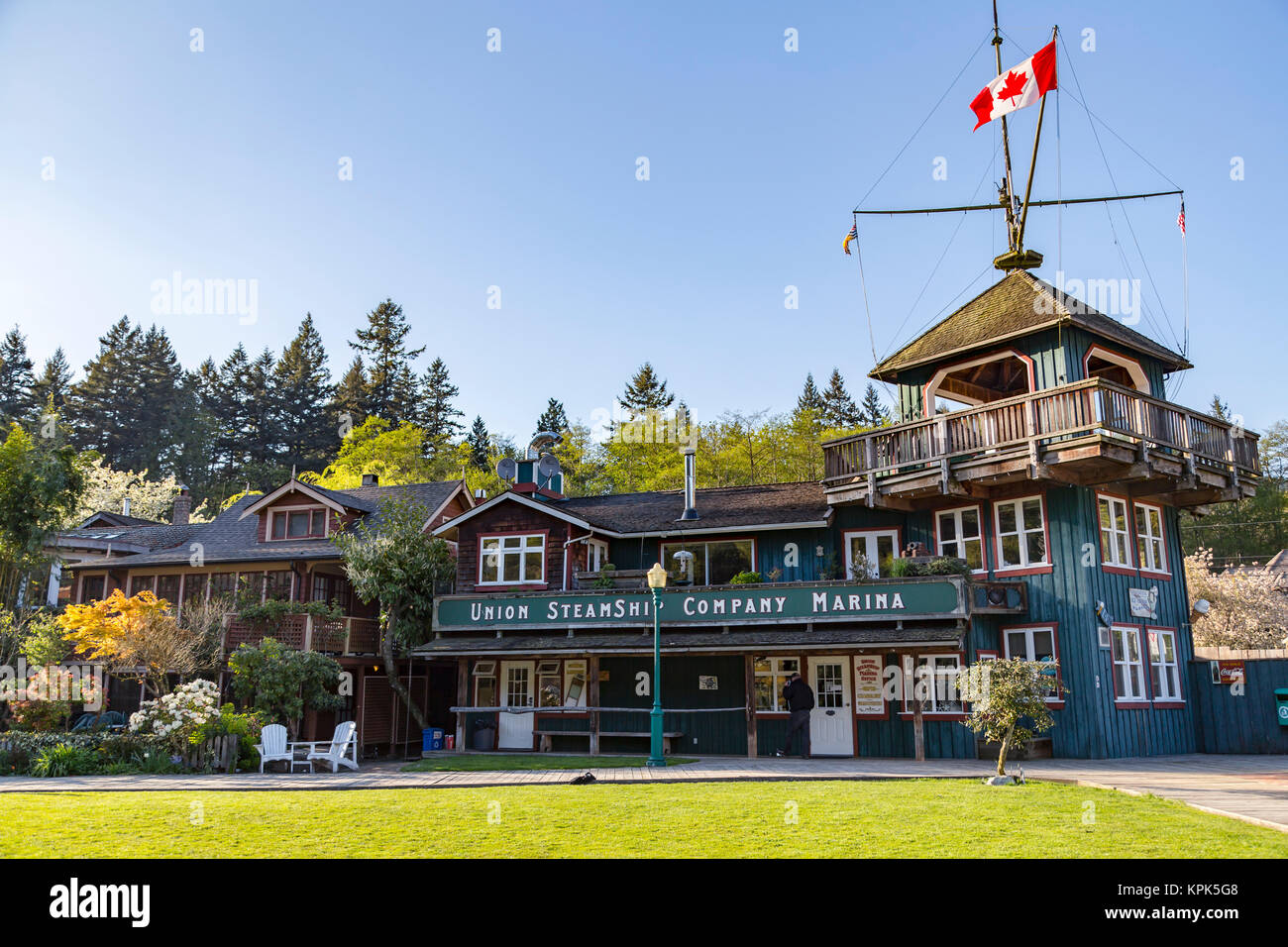 The heritage site tourist attraction Union Steamship Building in Snug Cove, Bowen Island welcoming tourists as they come off the ferry from Vancouv... Stock Photo