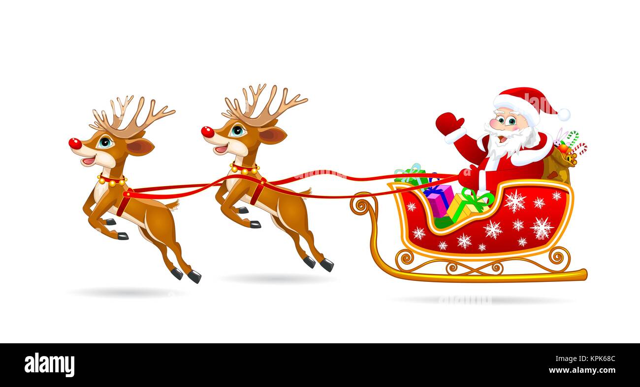 Santa on sleigh with deer.Santa Claus on his sleigh, harnessed by deer. Santa Claus with gifts on his sleigh. Stock Vector