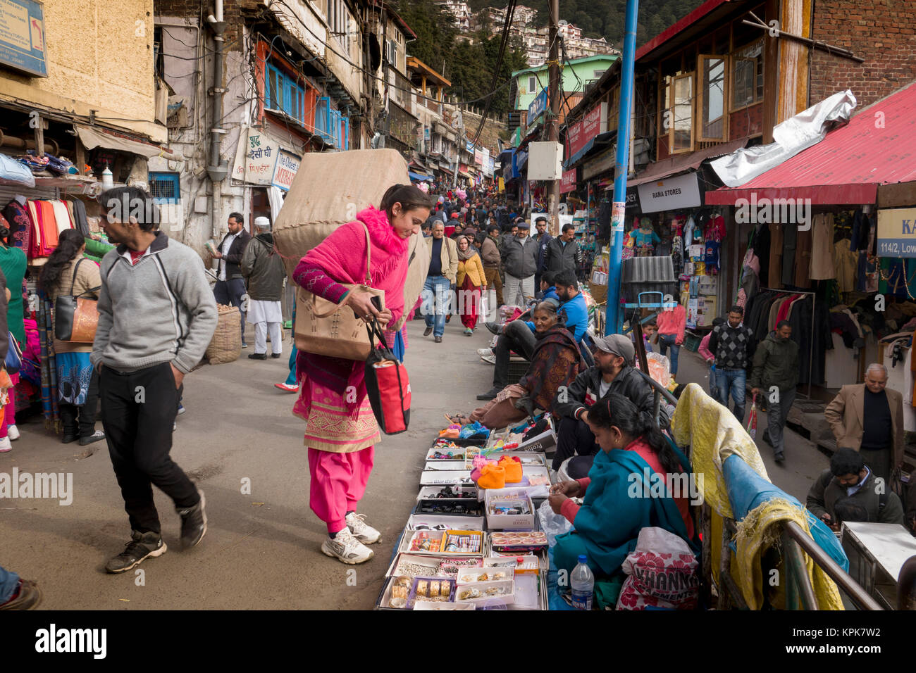 Shopping in lower bazaar market in Shimla, India Stock Photo