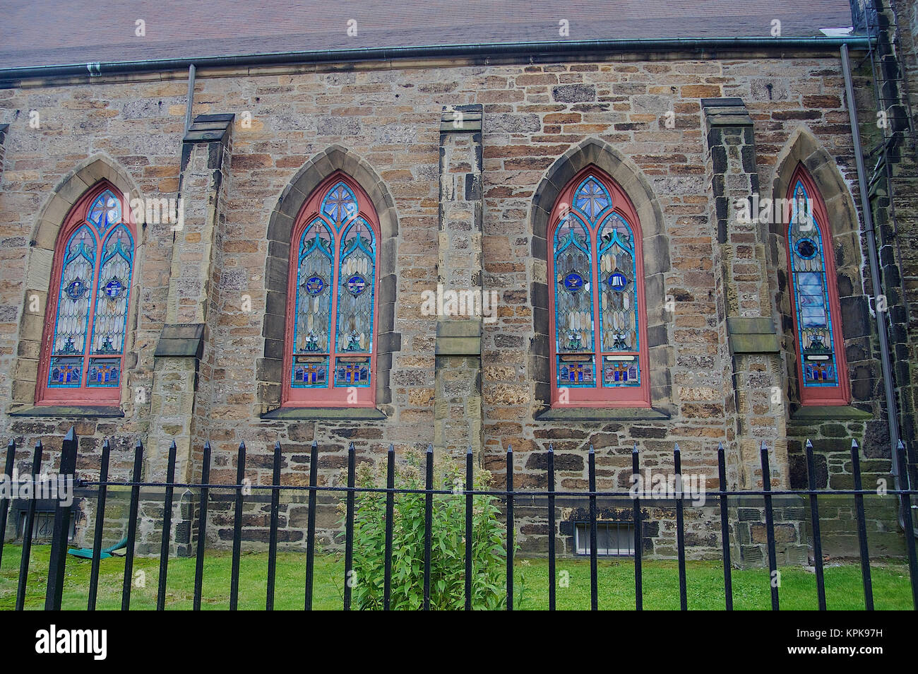 USA, Massachusetts, Boston. Stained glass windows on a church in the historic South End neighborhood Stock Photo