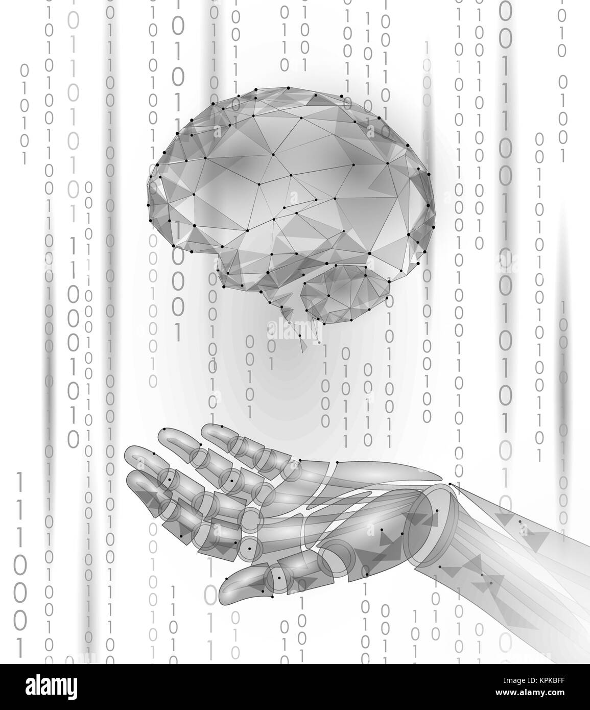 Robot android hand hold human brain. Low poly polygonal particle point line geometric render. Mental education creative idea future mind technology concept white binary code vector illustration Stock Vector