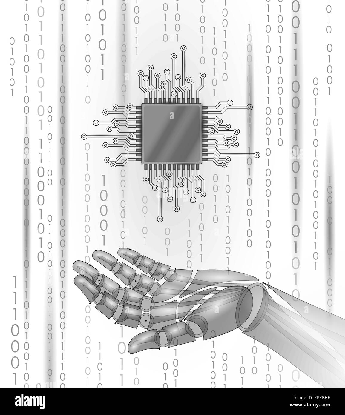 Robot android hand hold processor cpu. Low poly polygonal particle point line geometric render. Computer high science microchip future technology analysis concept white binary code vector illustration Stock Vector