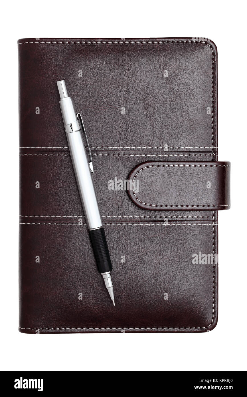 leather notebook and pen isolated on a white background Stock Photo - Alamy