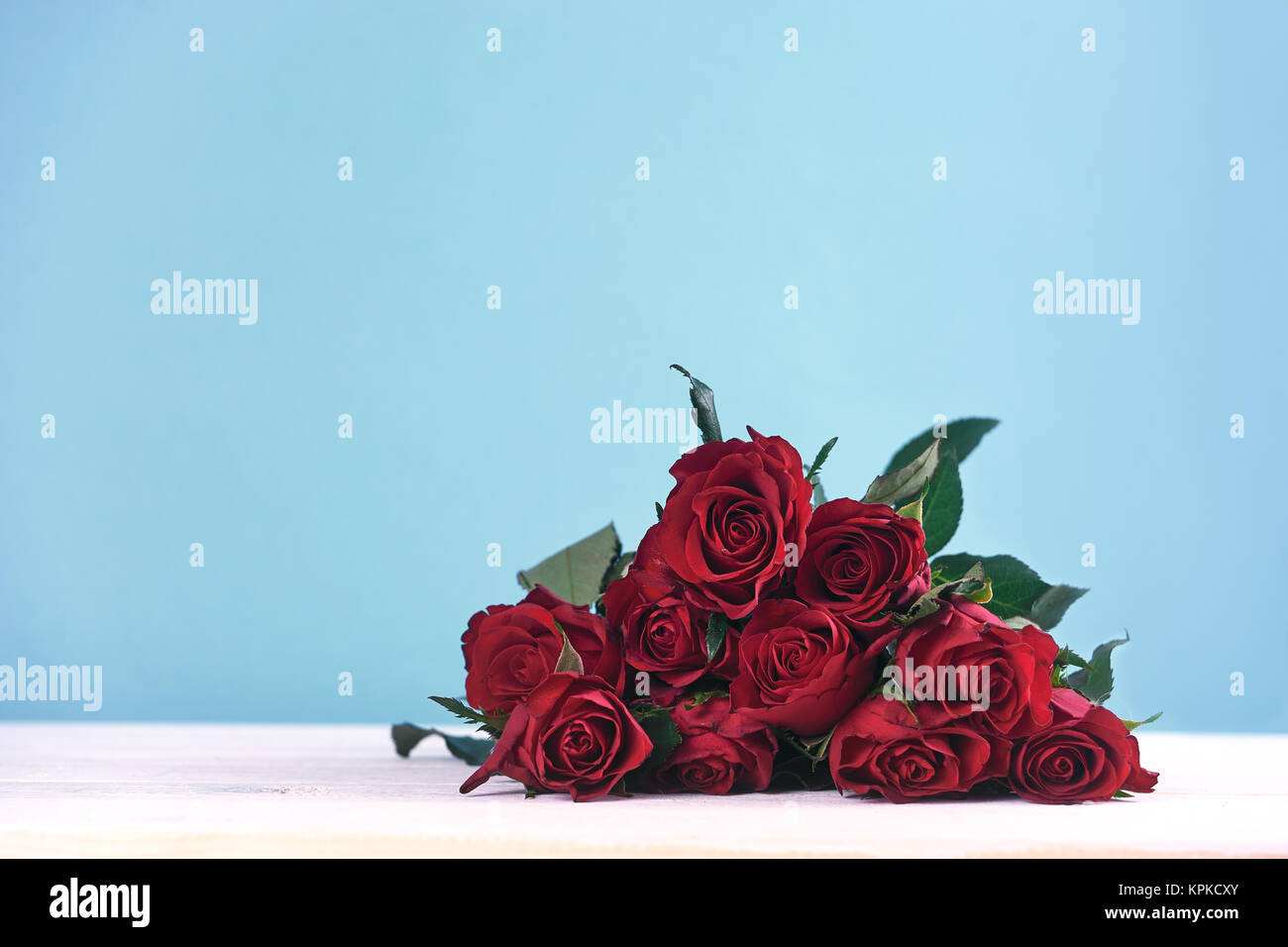 Bunch of red roses on blue background. Copy space Stock Photo - Alamy