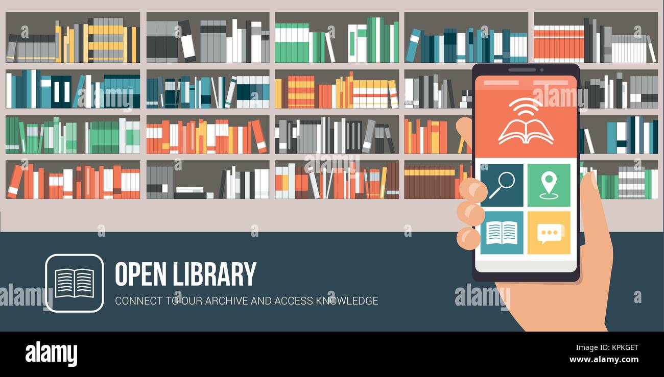 Library app on a smartphone and bookshelves on the background with ...