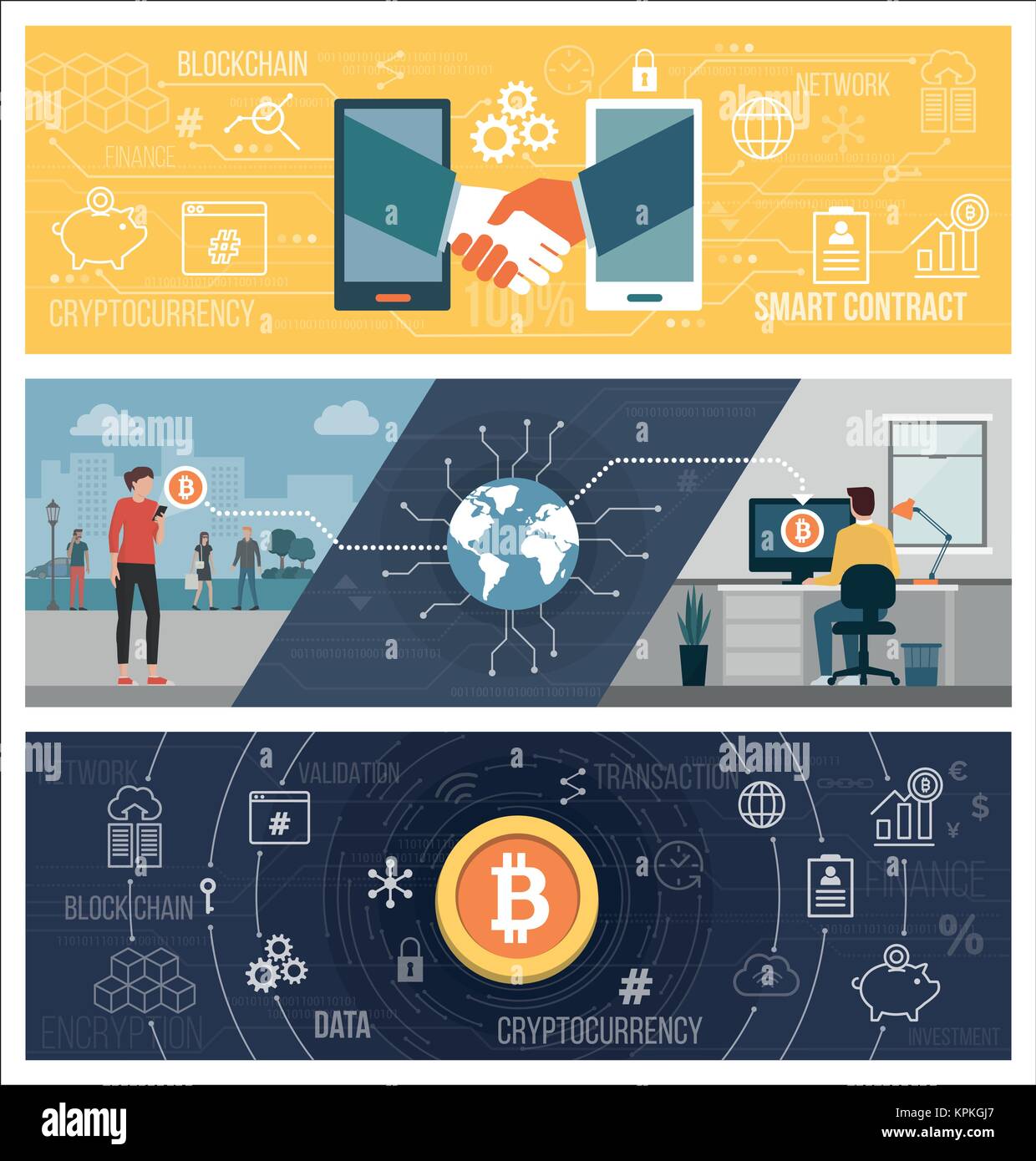 Cryptocurrency, bitcoin, smart contracts and money transfer concepts