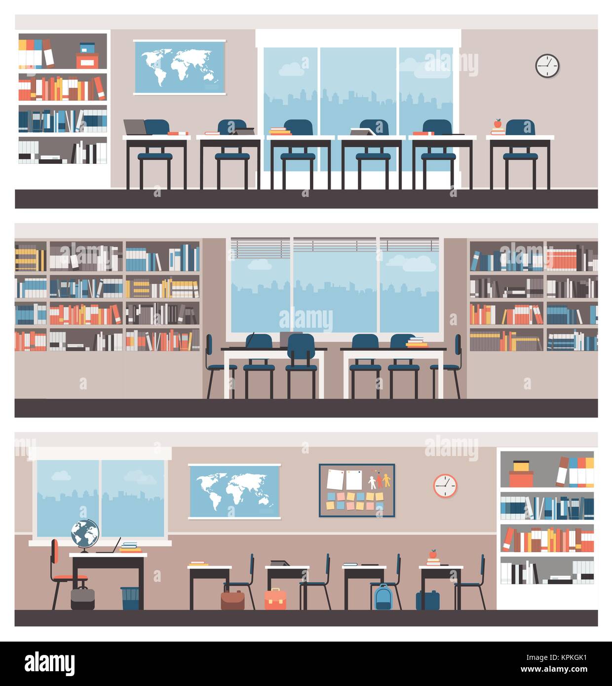 School and library interiors: education and learning concept Stock Vector