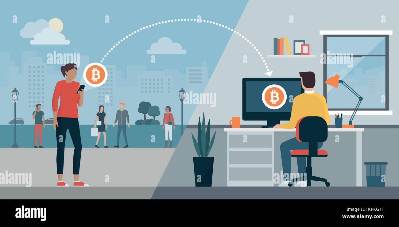 Woman Sending Bitcoins To Another User S Computer Using A Mobile App - 